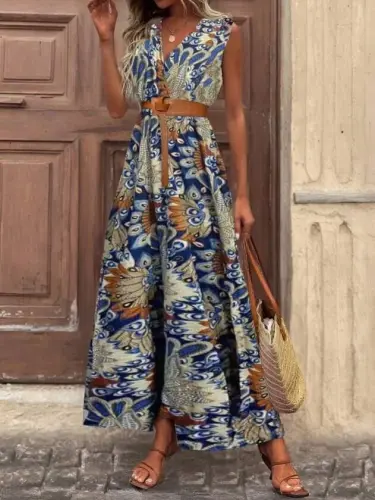 Kadın Askılı Kruvaze Yakalı Uzun Desenli Kemersiz Süprem Elbise - 6