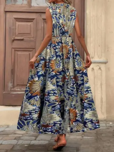 Kadın Askılı Kruvaze Yakalı Uzun Desenli Kemersiz Süprem Elbise - 8