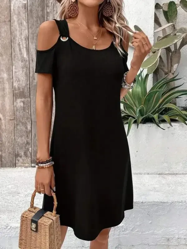 Kadın Askılı Omuzlardan Açık Kısa Kollu Kuş Gözü Detaylı Viskon Elbise - 2