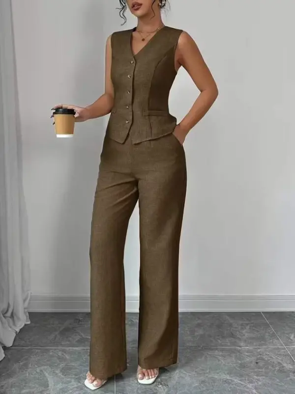 Kadın Askılı önden Düğmeli Bluz Ve Pantolon Keten Ikili Takım - 4