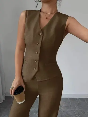 Kadın Askılı önden Düğmeli Bluz Ve Pantolon Keten Ikili Takım - 5