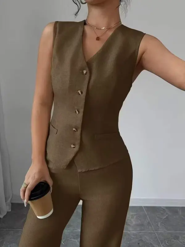 Kadın Askılı önden Düğmeli Bluz Ve Pantolon Keten Ikili Takım - 5