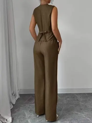 Kadın Askılı önden Düğmeli Bluz Ve Pantolon Keten Ikili Takım - 6
