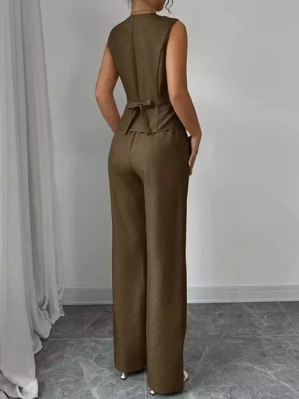 Kadın Askılı önden Düğmeli Bluz Ve Pantolon Keten Ikili Takım - 6