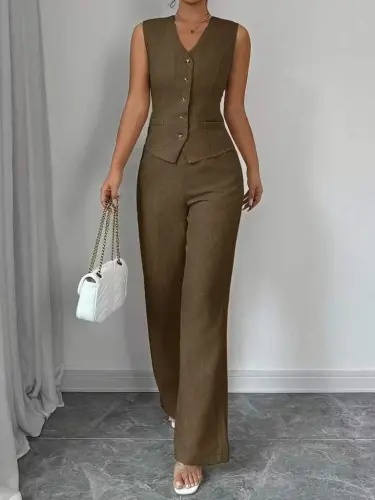 Kadın Askılı önden Düğmeli Bluz Ve Pantolon Keten Ikili Takım - 7
