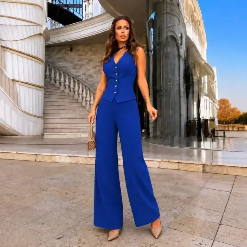 Kadın Askılı önden Düğmeli Bluz Ve Pantolon Keten Ikili Takım - 3