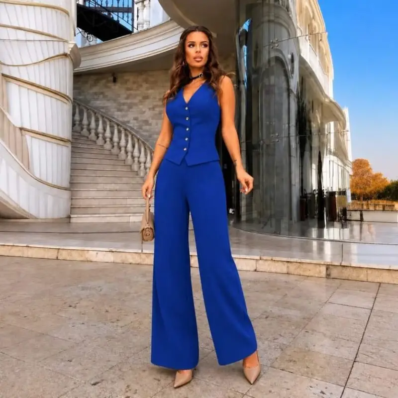Kadın Askılı önden Düğmeli Bluz Ve Pantolon Keten Ikili Takım - 3
