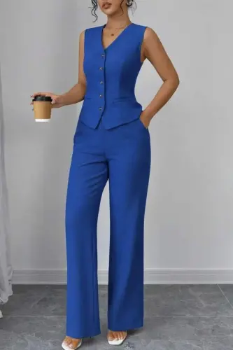 Kadın Askılı önden Düğmeli Bluz Ve Pantolon Keten Ikili Takım - 4