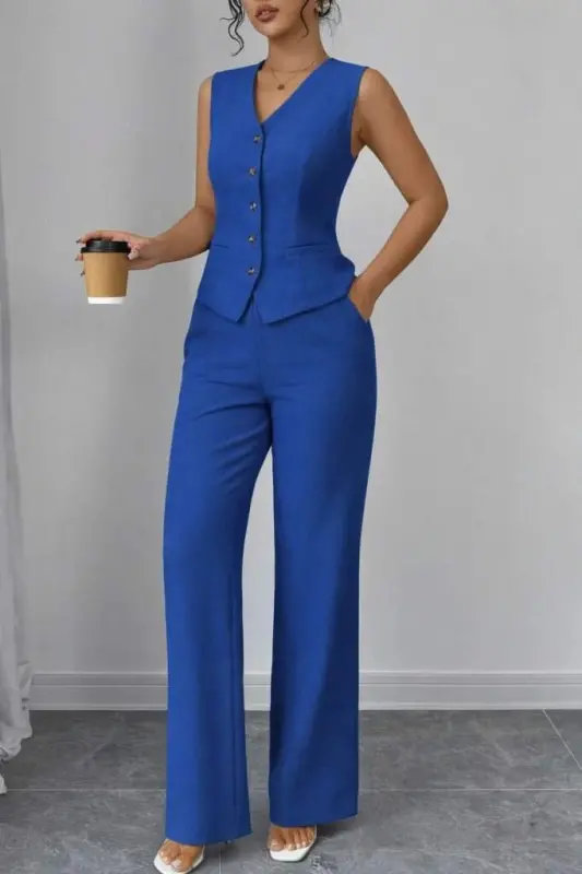 Kadın Askılı önden Düğmeli Bluz Ve Pantolon Keten Ikili Takım - 4
