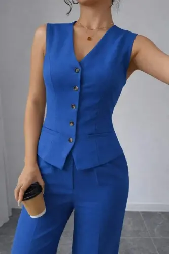 Kadın Askılı önden Düğmeli Bluz Ve Pantolon Keten Ikili Takım - 5