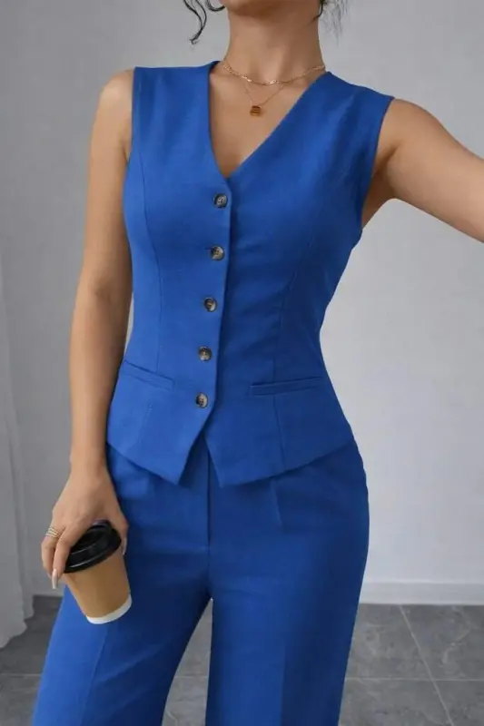 Kadın Askılı önden Düğmeli Bluz Ve Pantolon Keten Ikili Takım - 5