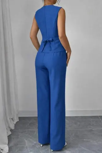 Kadın Askılı önden Düğmeli Bluz Ve Pantolon Keten Ikili Takım - 6