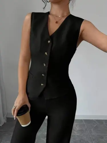 Kadın Askılı önden Düğmeli Bluz Ve Pantolon Keten Ikili Takım - 7