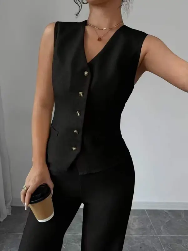 Kadın Askılı önden Düğmeli Bluz Ve Pantolon Keten Ikili Takım - 7