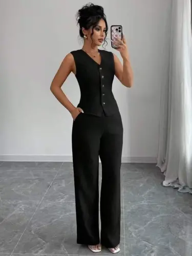 Kadın Askılı önden Düğmeli Bluz Ve Pantolon Keten Ikili Takım - 10