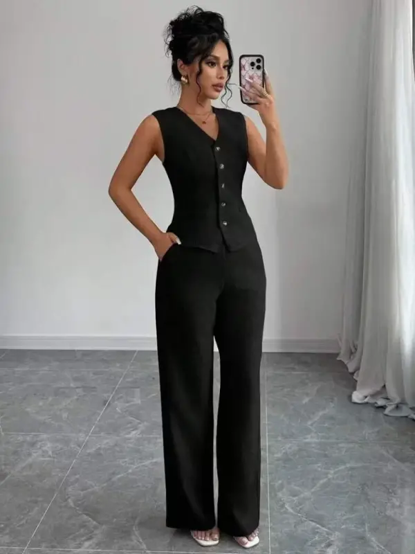 Kadın Askılı önden Düğmeli Bluz Ve Pantolon Keten Ikili Takım - 10