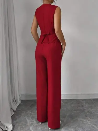 Kadın Askılı önden Düğmeli Bluz Ve Pantolon Keten Ikili Takım - 3