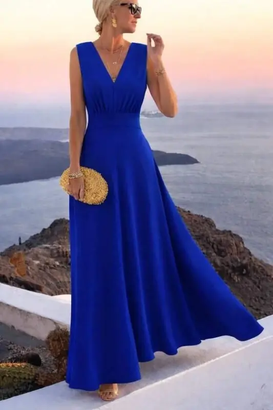 Kadın Askılı V Yakalı Bel Korsaj Detaylı Uzun Ithal Krep Elbise - BÜYÜKBEDENIZ