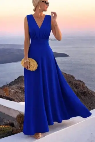 Kadın Askılı V Yakalı Bel Korsaj Detaylı Uzun Ithal Krep Elbise - 1