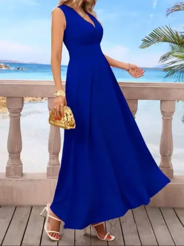 Kadın Askılı V Yakalı Bel Korsaj Detaylı Uzun Ithal Krep Elbise - 2