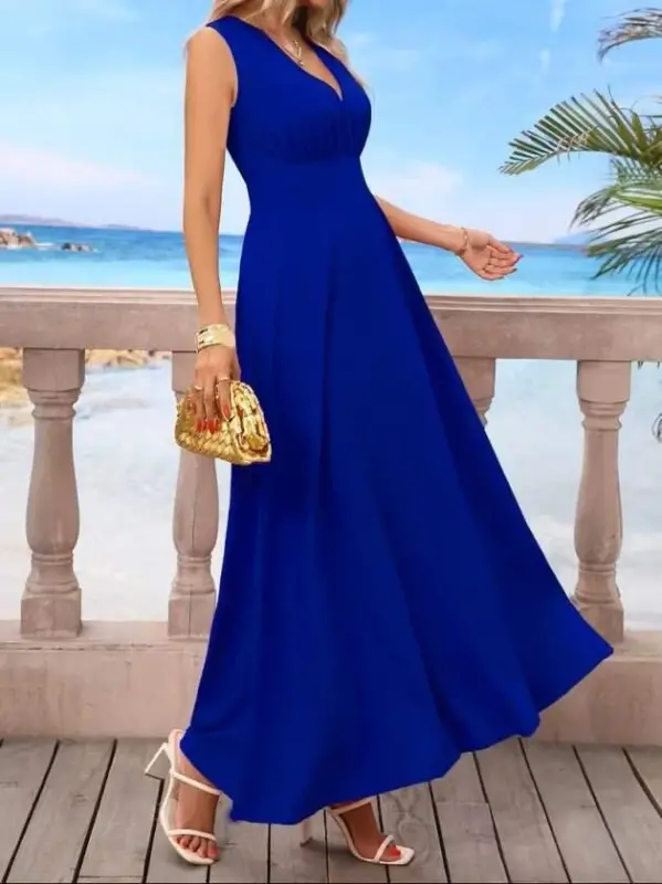 Kadın Askılı V Yakalı Bel Korsaj Detaylı Uzun Ithal Krep Elbise - 2