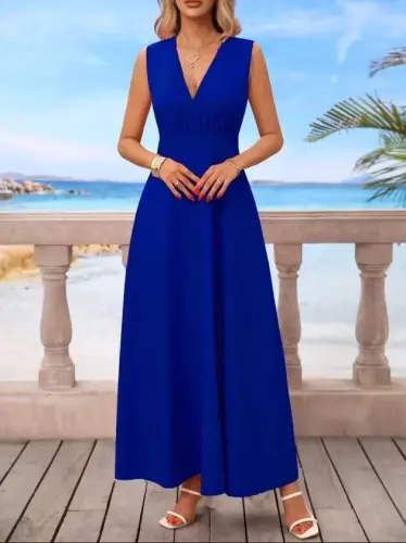 Kadın Askılı V Yakalı Bel Korsaj Detaylı Uzun Ithal Krep Elbise - 3