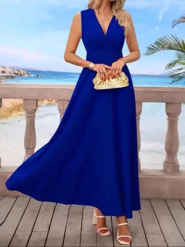 Kadın Askılı V Yakalı Bel Korsaj Detaylı Uzun Ithal Krep Elbise - 4