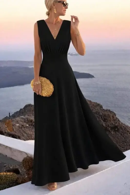 Kadın Askılı V Yakalı Bel Korsaj Detaylı Uzun Ithal Krep Elbise - 1