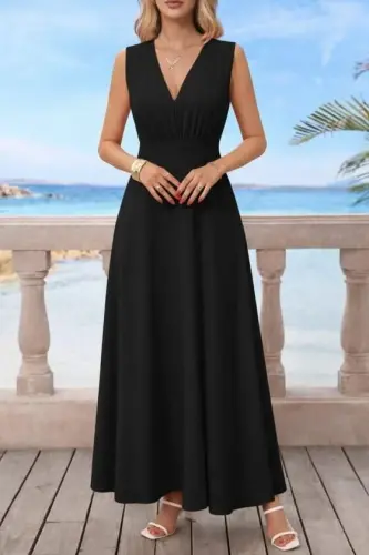 Kadın Askılı V Yakalı Bel Korsaj Detaylı Uzun Ithal Krep Elbise - 2