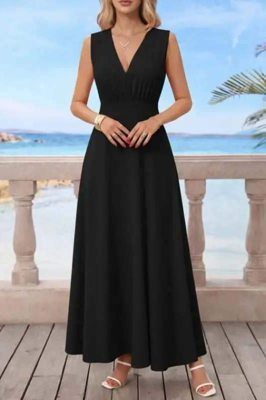 Kadın Askılı V Yakalı Bel Korsaj Detaylı Uzun Ithal Krep Elbise - 2