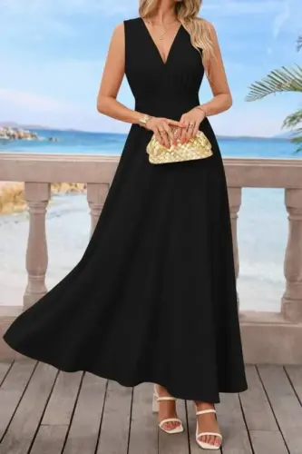 Kadın Askılı V Yakalı Bel Korsaj Detaylı Uzun Ithal Krep Elbise - 3