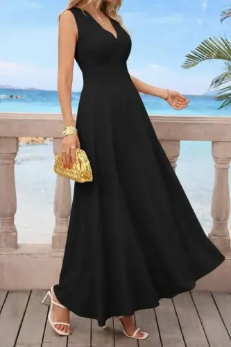 Kadın Askılı V Yakalı Bel Korsaj Detaylı Uzun Ithal Krep Elbise - 4