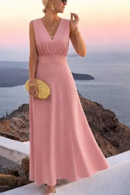 Kadın Askılı V Yakalı Bel Korsaj Detaylı Uzun Ithal Krep Elbise - 1