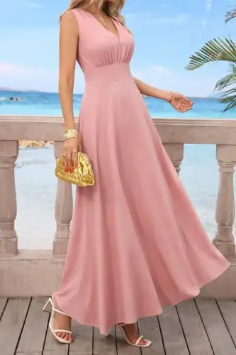 Kadın Askılı V Yakalı Bel Korsaj Detaylı Uzun Ithal Krep Elbise - 3