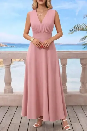 Kadın Askılı V Yakalı Bel Korsaj Detaylı Uzun Ithal Krep Elbise - 4