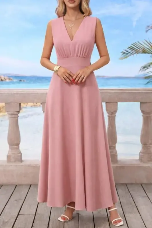 Kadın Askılı V Yakalı Bel Korsaj Detaylı Uzun Ithal Krep Elbise - 4