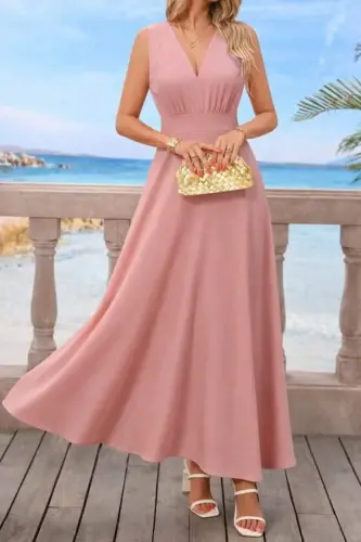 Kadın Askılı V Yakalı Bel Korsaj Detaylı Uzun Ithal Krep Elbise - BÜYÜKBEDENIZ (1)