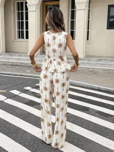 Kadın Askılı V Yakalı Belden Bağlamalı Desenli Bluz Ve Pantolon Ikili Takım - 3