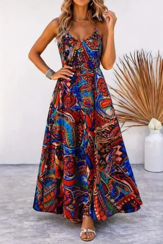 Kadın Askılı V Yakalı Desenli Uzun Süprem Elbise - BÜYÜKBEDENIZ (1)