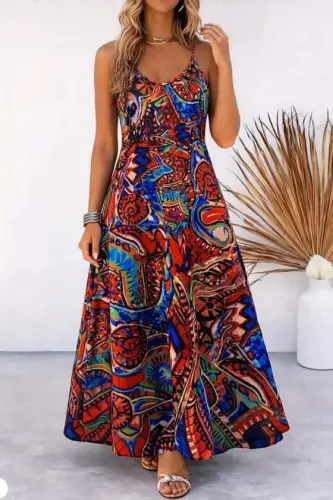 Kadın Askılı V Yakalı Desenli Uzun Süprem Elbise - 1