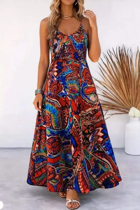 Kadın Askılı V Yakalı Desenli Uzun Süprem Elbise - 1