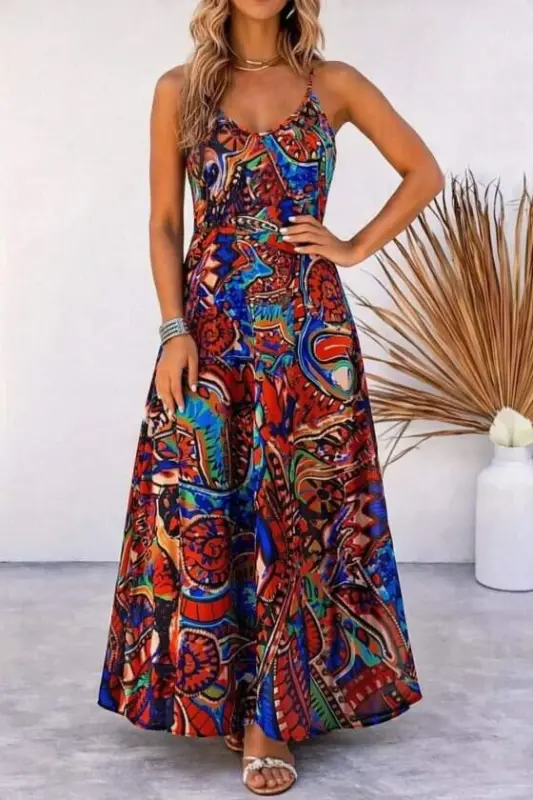 Kadın Askılı V Yakalı Desenli Uzun Süprem Elbise - 3