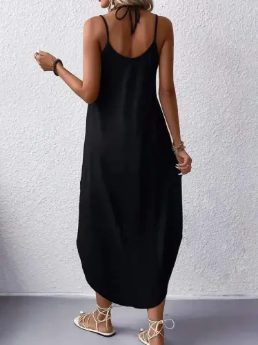 Kadın Askılı V Yakalı Desenli Uzun Viskon Elbise - 2