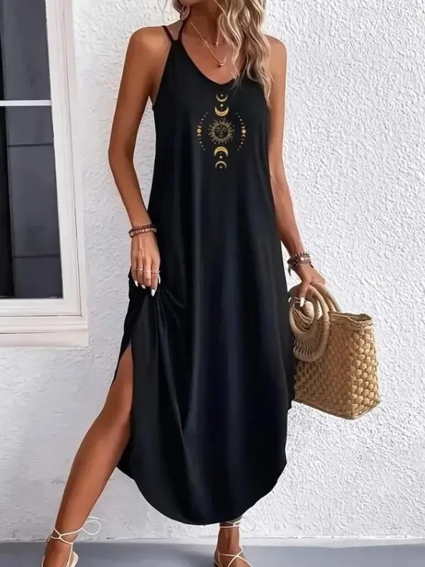 Kadın Askılı V Yakalı Desenli Uzun Viskon Elbise - 4