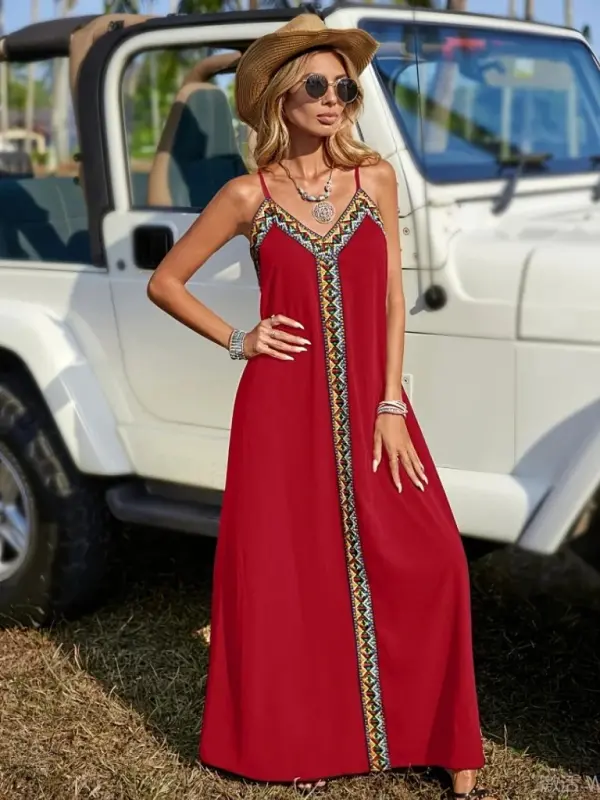Kadın Askılı V Yakalı Etnik şerit Detaylı Uzun Viskon Elbise - BÜYÜKBEDENIZ
