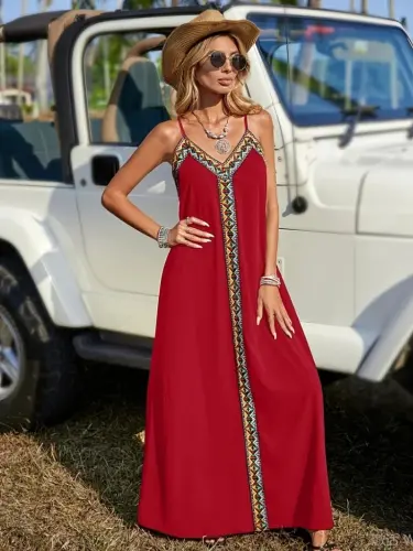 Kadın Askılı V Yakalı Etnik şerit Detaylı Uzun Viskon Elbise - 1