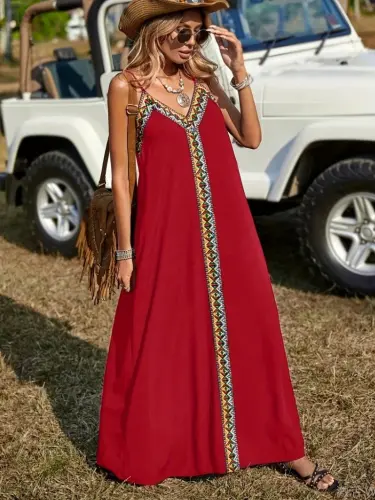 Kadın Askılı V Yakalı Etnik şerit Detaylı Uzun Viskon Elbise - BÜYÜKBEDENIZ (1)