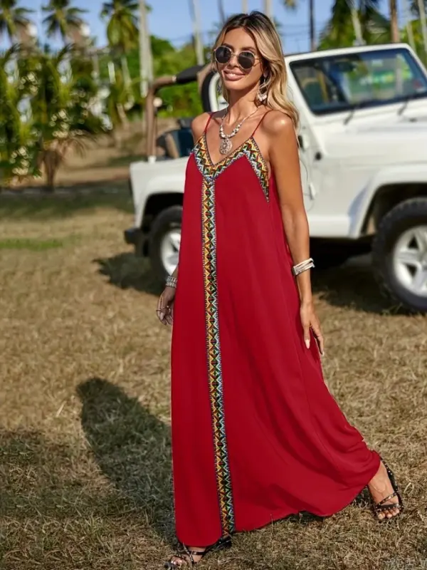 Kadın Askılı V Yakalı Etnik şerit Detaylı Uzun Viskon Elbise - 5