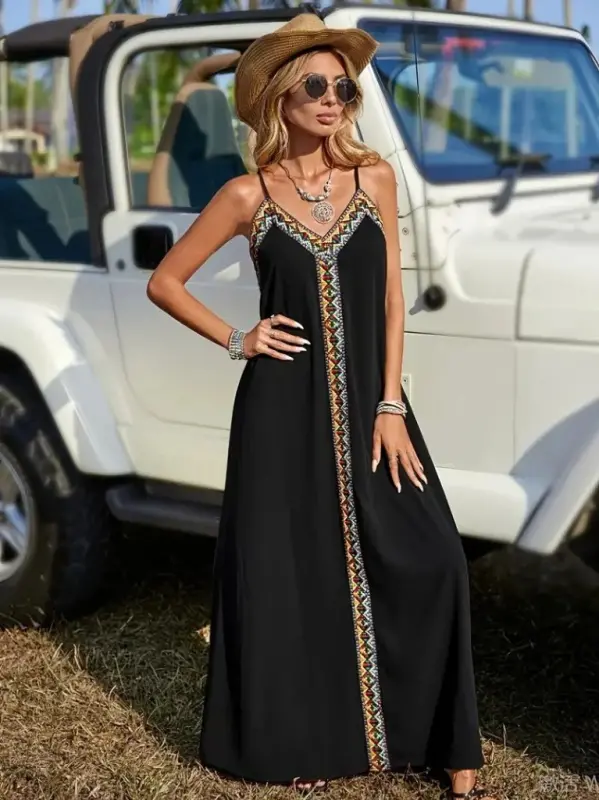 Kadın Askılı V Yakalı Etnik şerit Detaylı Uzun Viskon Elbise - 1