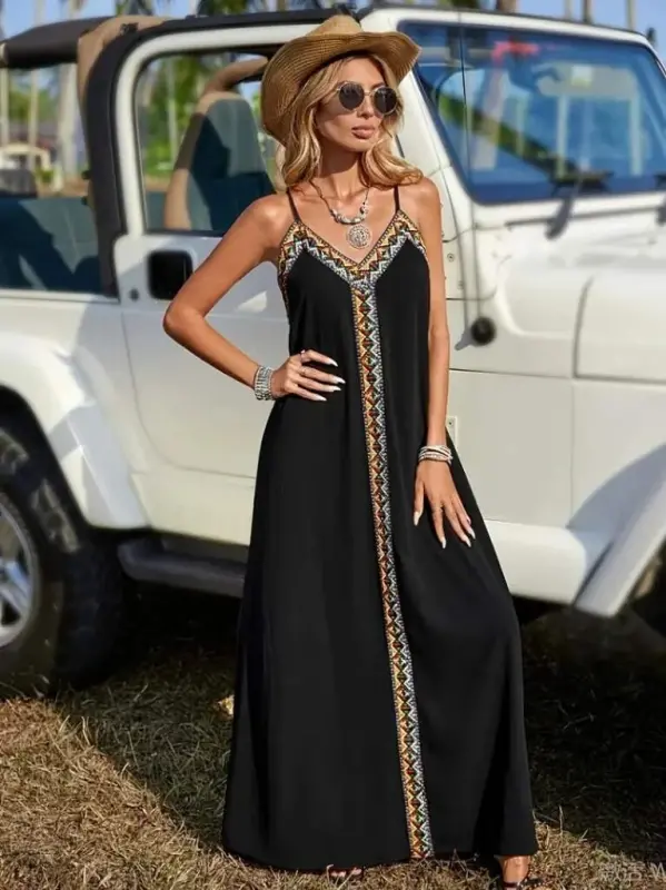 Kadın Askılı V Yakalı Etnik şerit Detaylı Uzun Viskon Elbise - 1
